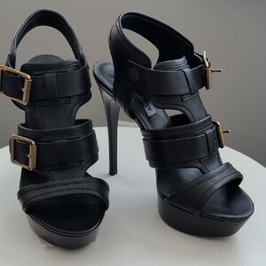Burberry Black Strappy Heels with Gold Buckles